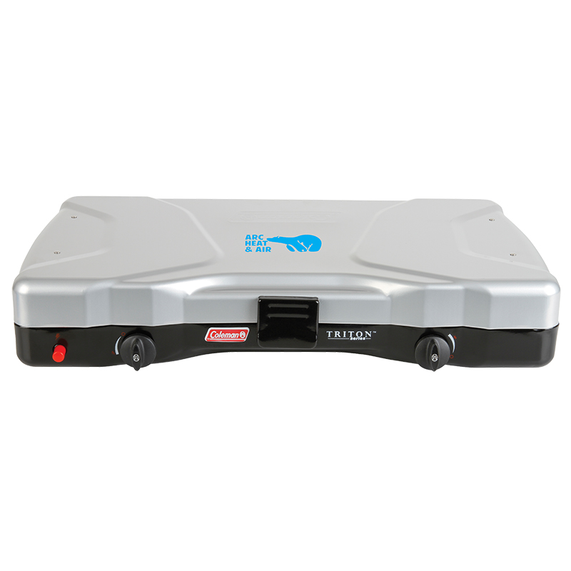 Grey & Black Coleman Triton 2-Burner Propane Stove with screen print.
