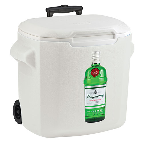 Coleman 28 Qt Wheeled Cooler with Telescoping Handle and full color direct imprint